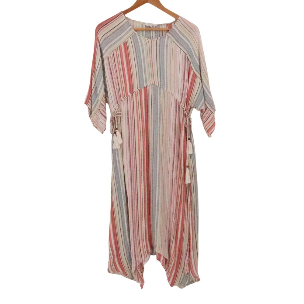 Boho Stripe Kaftan Midi Dress Womens Size L Drawstring Tassel Vacation Resort